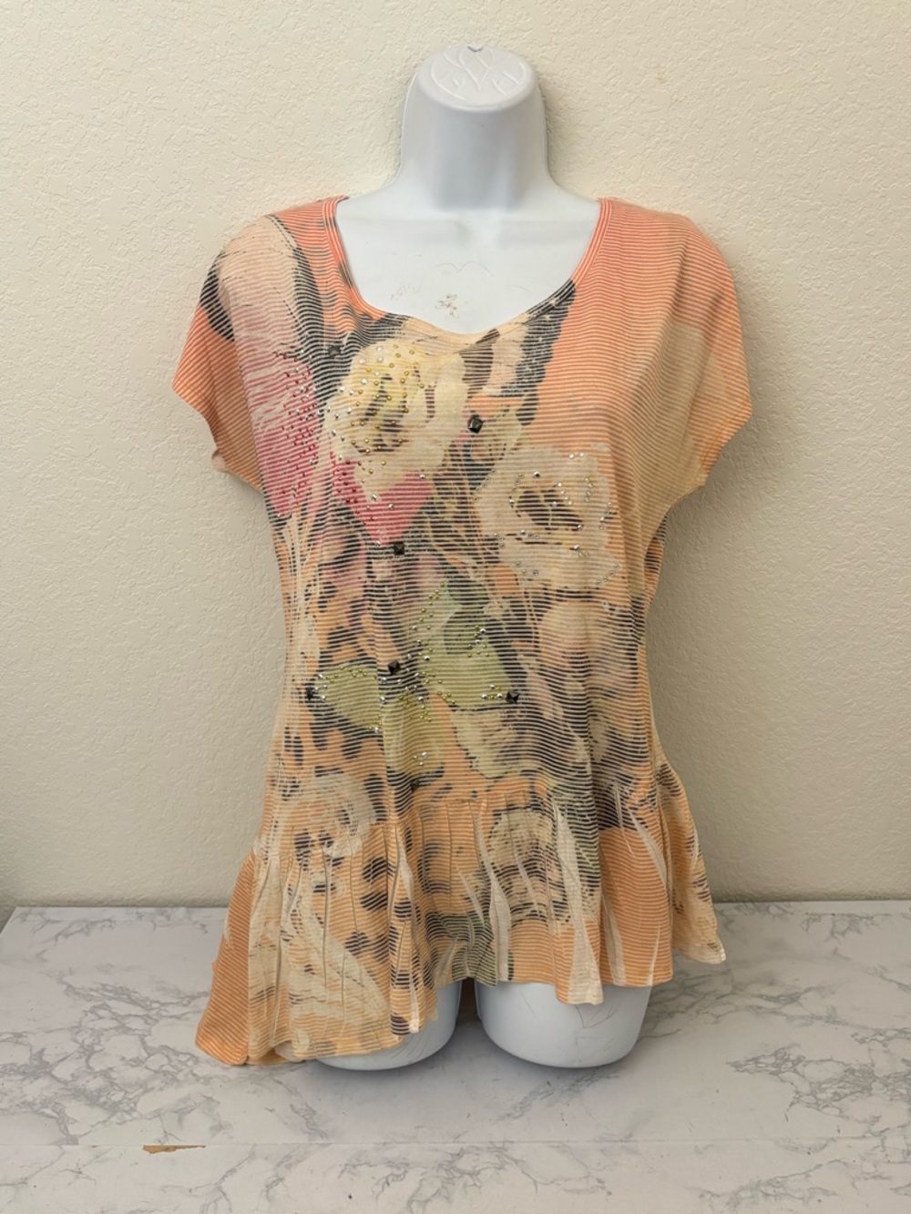 Style & Co Short Sleeve Top Womens S Embellished Floral Pullover Beaded Peach